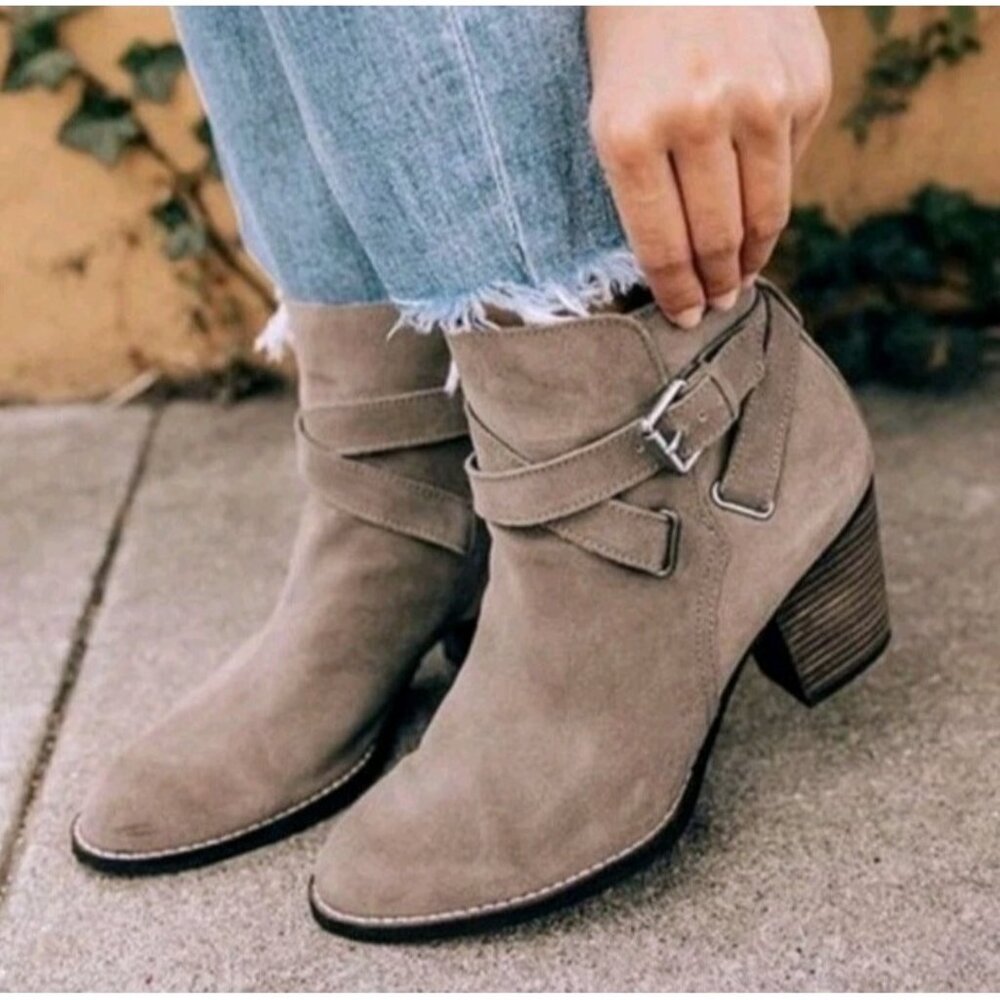 Sam Edelman Ankle Boots Womens 6 Morris Gray Suede Leather Straps Block Heel